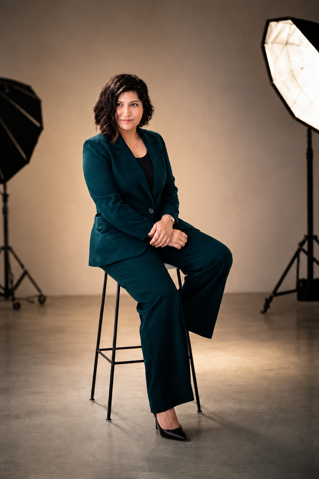 Preetjyot Kaur, founder of LimitlessU, seated in a teal suit in a studio